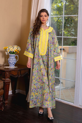 Robe marocaine marocaine à manches longues imprimée Abaya Muslim