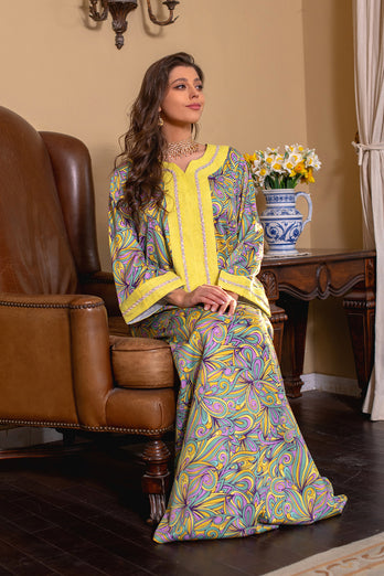 Robe marocaine marocaine à manches longues imprimée Abaya Muslim