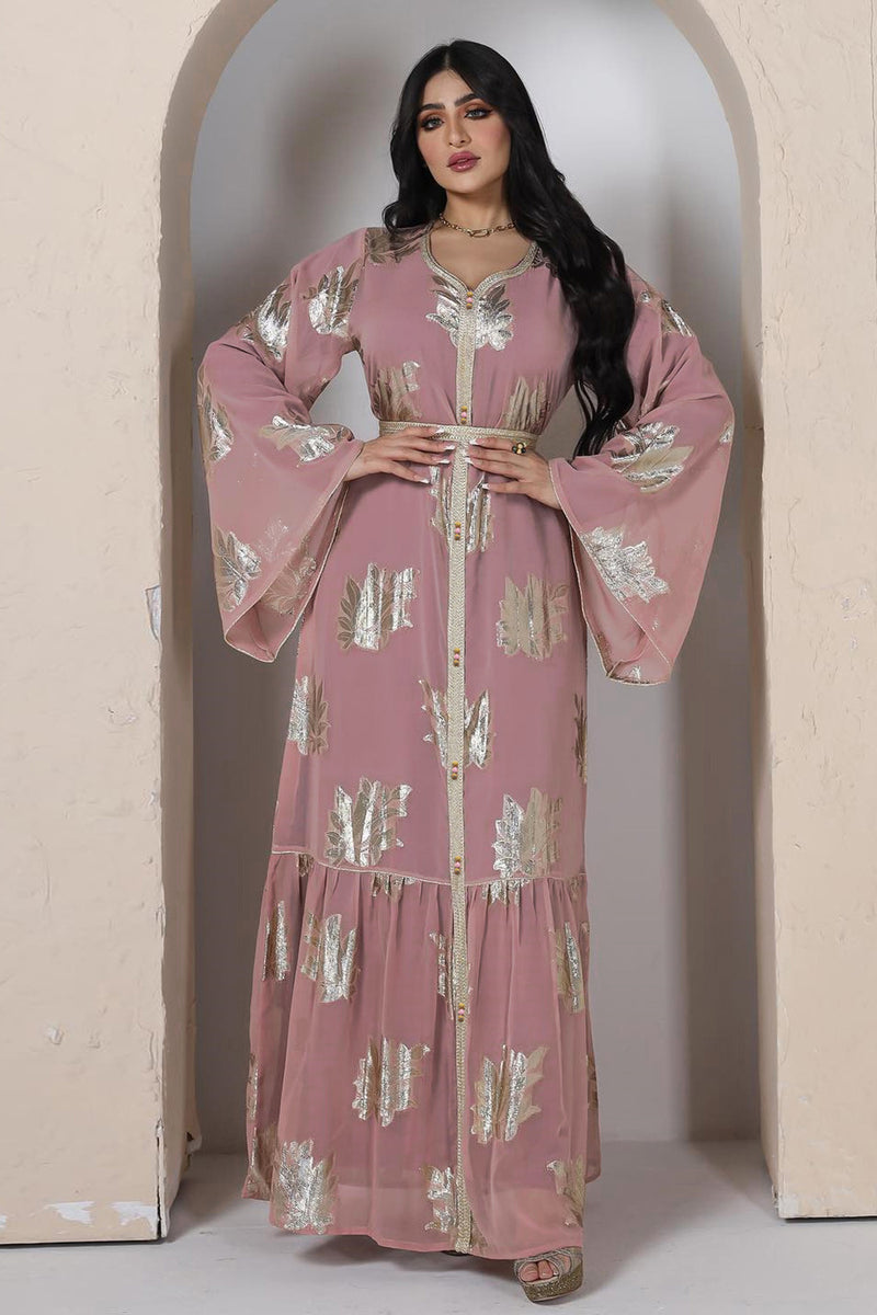 Charger l&#39;image dans la galerie, Robe Abaya imprimée bleu mousseline de style du Moyen-Orient