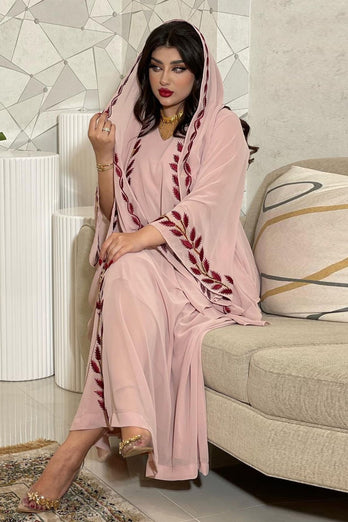 Robe caftan Abaya brodée à manches longues avec écharpe