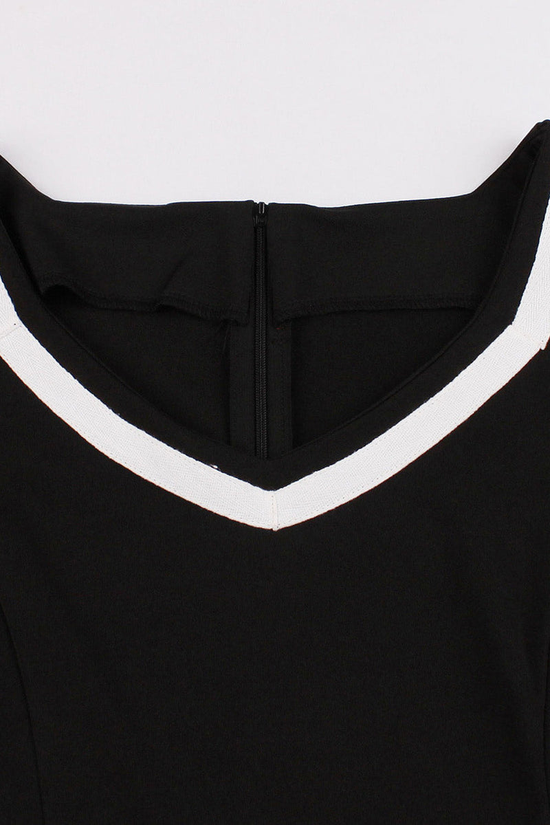 Charger l&#39;image dans la galerie, V col manches courtes noir 1950s robe avec ceinture