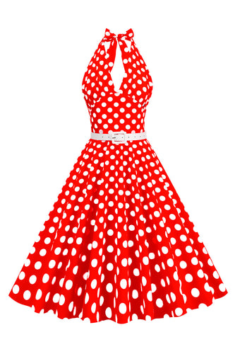 Hepburn Style Halter Neck Polka Dots Red 1950s Robe