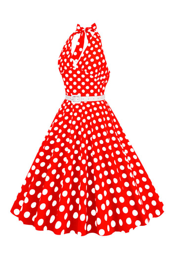 Hepburn Style Halter Neck Polka Dots Red 1950s Robe