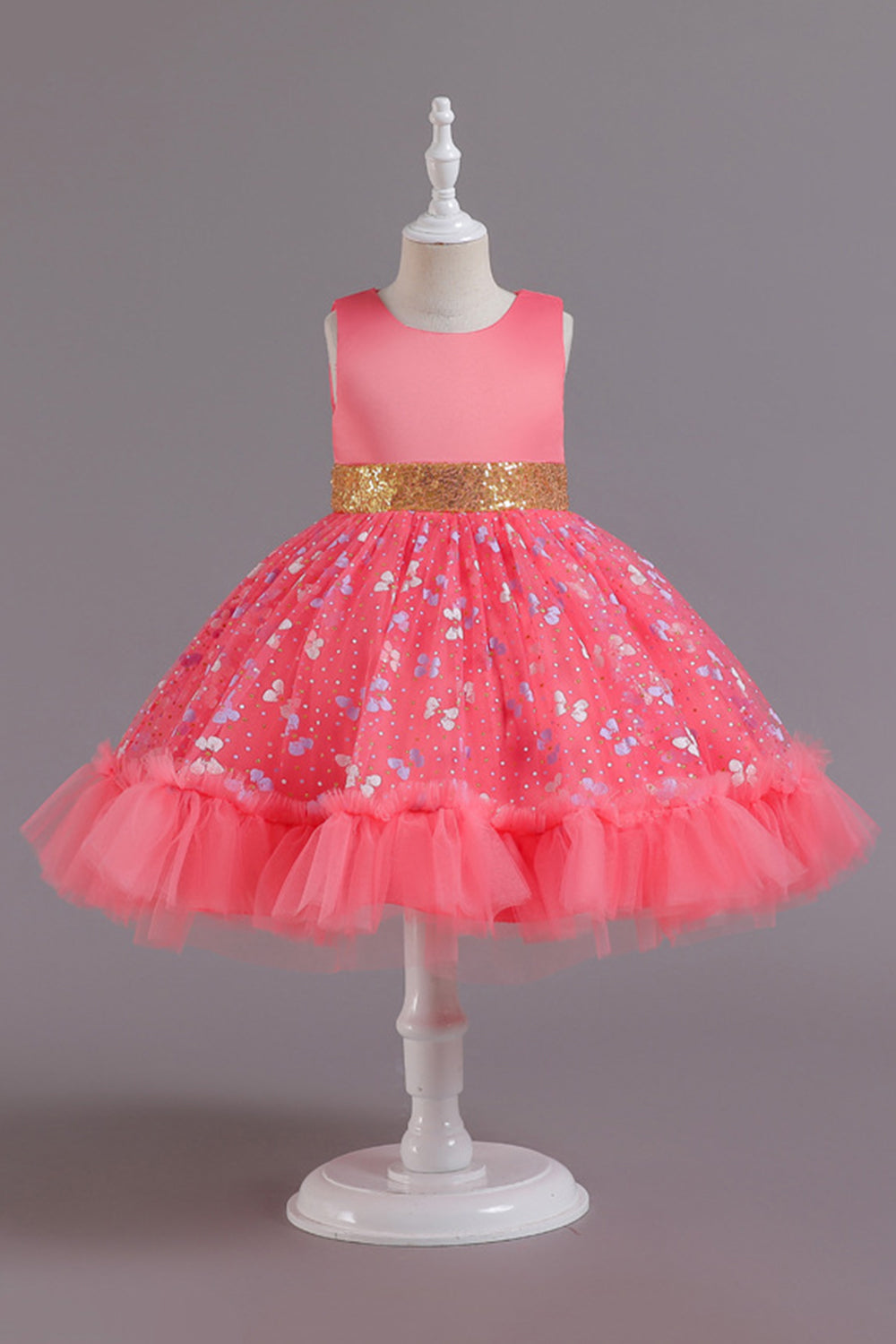 Une ligne Robe de soirée fille rose à col bijou avec Appliques