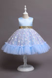 Une ligne Robe de soirée fille rose à col bijou avec Appliques