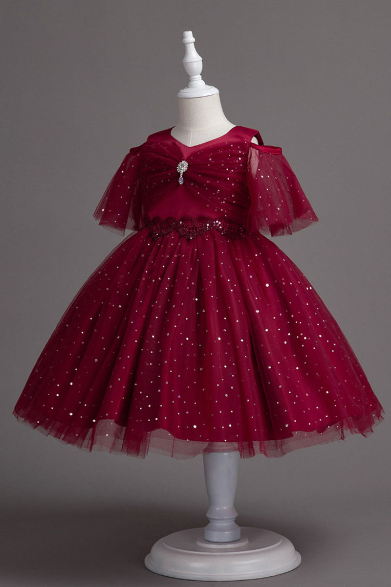 Charger l&#39;image dans la galerie, Une ligne de l’épaule Burgundy Tulle Girl Dress