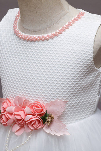 Robe de fille en tulle de fleurs rose sans manches avec nœud