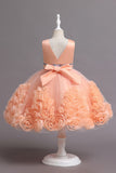 Fuchsia A Line Sequin Flower Girls' Party Dress avec nœud