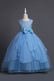 Robe longue longue de fille à col rond bleu
