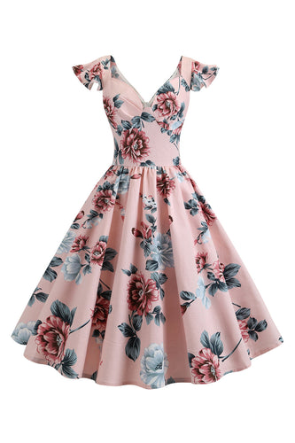 Robe rose florale imprimée swing des années 50