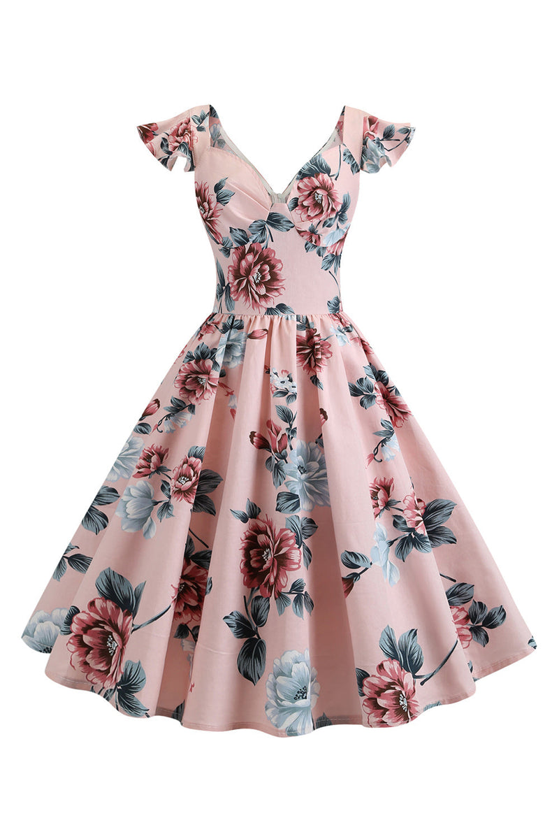 Charger l&#39;image dans la galerie, Robe rose florale imprimée swing des années 50