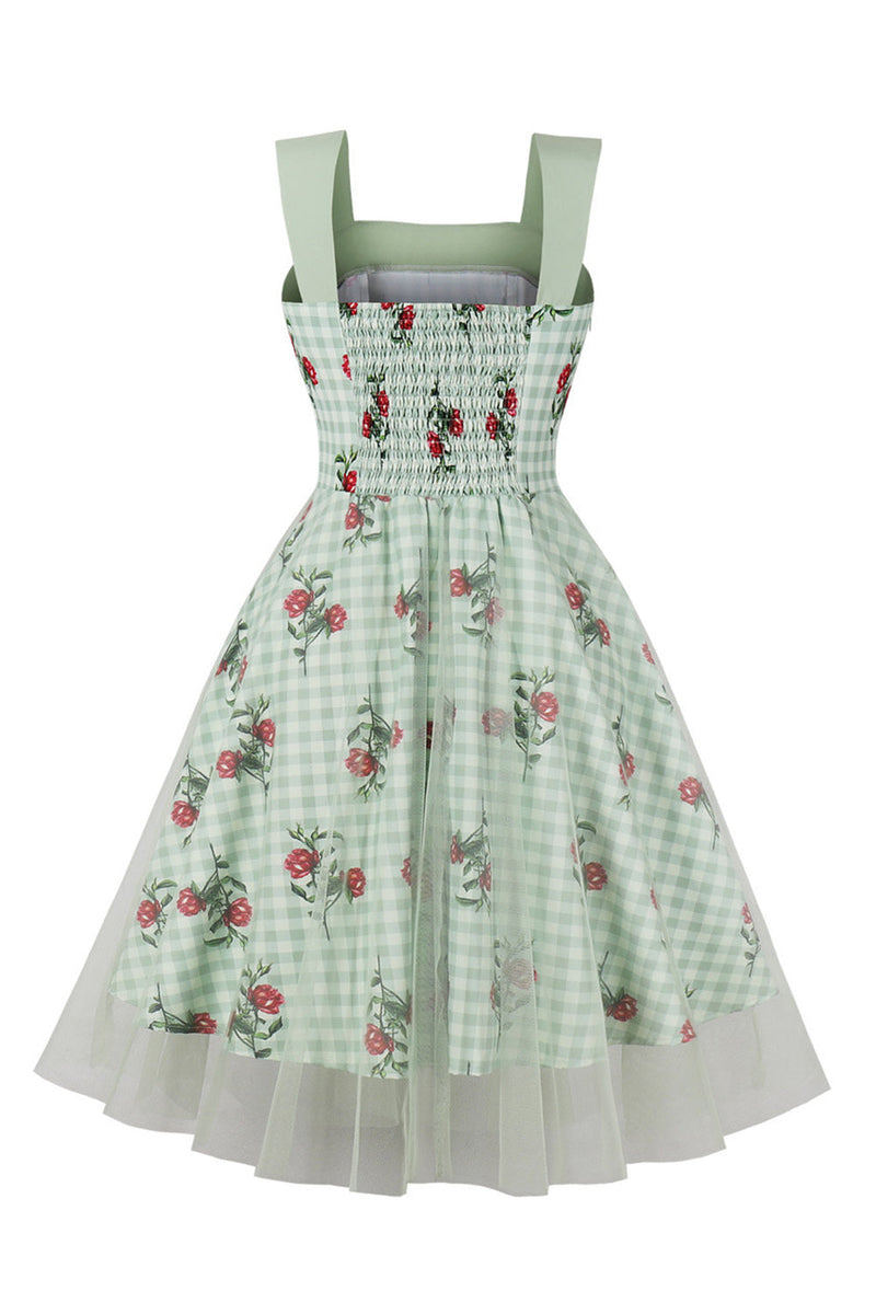 Charger l&#39;image dans la galerie, Robe verte à carreaux des années 50 avec imprimé floral