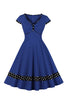 Charger l&#39;image dans la galerie, Bleu foncé V Col Polka Dots Swing 1950s Robe