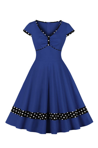 Bleu foncé V Col Polka Dots Swing 1950s Robe