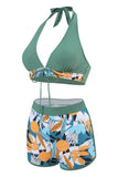 Deux pièces imprimées Green Halter Neck High Waist Maillot de bain