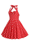 Licou Robe rouge vintage à pois pour filles avec arc