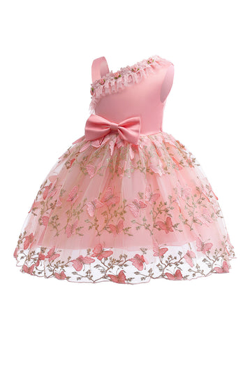 Une ligne robe rose bow filles avec des appliques