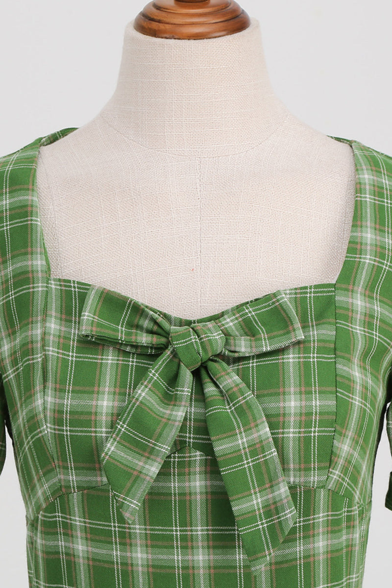 Charger l&#39;image dans la galerie, Robe à carreaux verts à manches courtes des années 1950 avec nœud papillon