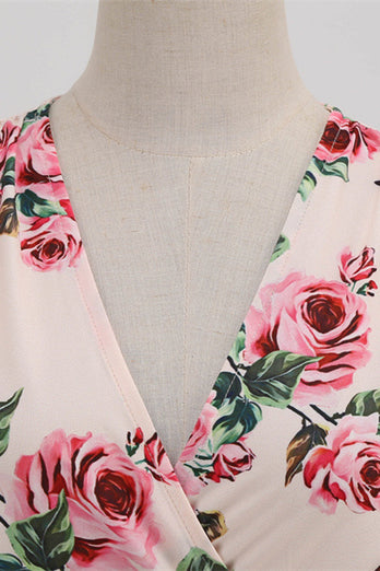 Rose V Col Fleur Imprimé Balançoire Robe Vintage