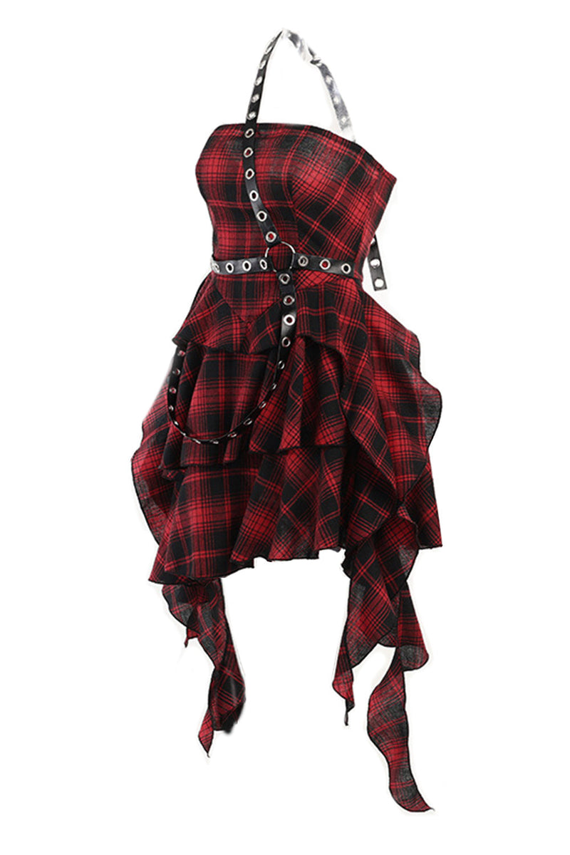Charger l&#39;image dans la galerie, Une épaule Robe vintage asymétrique à carreaux rouges