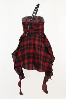 Une épaule Robe vintage asymétrique à carreaux rouges