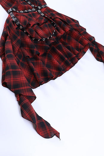 Une épaule Robe vintage asymétrique à carreaux rouges
