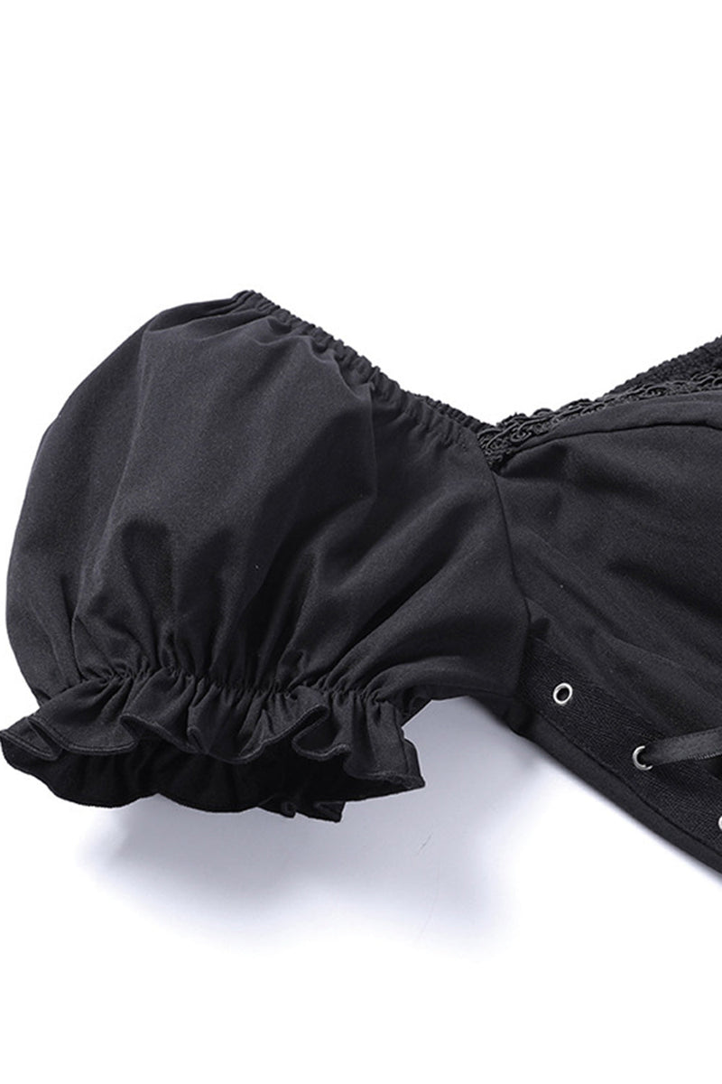 Charger l&#39;image dans la galerie, Puff Sleeves Robe noire des années 10 avec dentelle