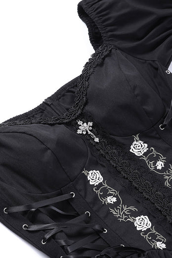 Puff Sleeves Robe noire des années 10 avec dentelle