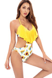 Halter One Piece Maillot de bain jaune imprimé avec volants