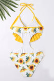 Halter One Piece Maillot de bain jaune imprimé avec volants