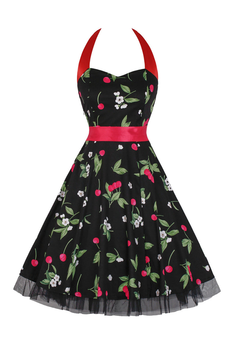 Charger l&#39;image dans la galerie, Hepburn Style Halter Tulle Black Printed 1950s Robe