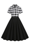 V-Neck Manches Courtes Plaid Black 1950s Robe avec ceinture