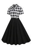 V-Neck Manches Courtes Plaid Black 1950s Robe avec ceinture