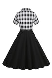 V-Neck Manches Courtes Plaid Black 1950s Robe avec ceinture