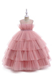 Tulle Rose Une Ligne Robe Fille Fleur avec Nœud