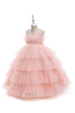 Tulle Rose Une Ligne Robe Fille Fleur avec Nœud