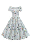Puff Sleeves Imprimé Robe Vintage Bleu Clair