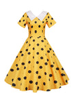 Robe vintage jaune à pois avec manches courtes