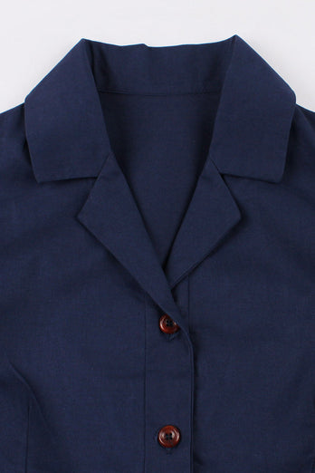 Navy Short Sleeves Button 1950s Robe