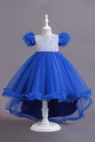 Une ligne Tulle Rose Paillettes Puff Manches Filles Robes avec nœud