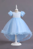 Une ligne Tulle Rose Paillettes Puff Manches Filles Robes avec nœud