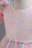 Charger l&#39;image dans la galerie, Une ligne Tulle Rose Paillettes Puff Manches Filles Robes avec nœud