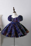 Bleu A Ligne Puff Manches Paillettes Robes Filles