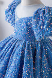 Bleu A Ligne Puff Manches Paillettes Robes Filles