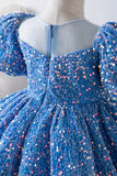 Bleu A Ligne Puff Manches Paillettes Robes Filles