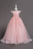 Robe de fille jaune à col bateau en tulle avec Appliques