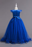 Robe de fille jaune à col bateau en tulle avec Appliques
