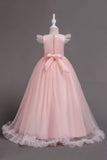 Robe de fille jaune à col bateau en tulle avec Appliques