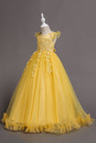 Robe de fille jaune à col bateau en tulle avec Appliques