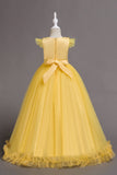 Robe de fille jaune à col bateau en tulle avec Appliques